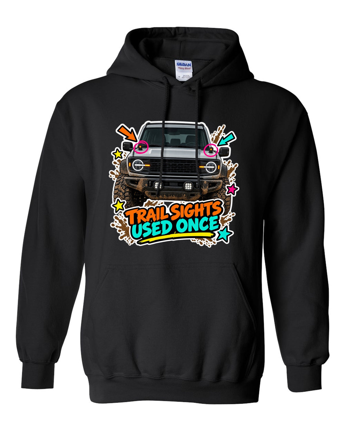 Sticker-bomb collage of a 2021 Ford Bronco with trail sights and USED ONCE lettering black pull over hoodie front view with the design