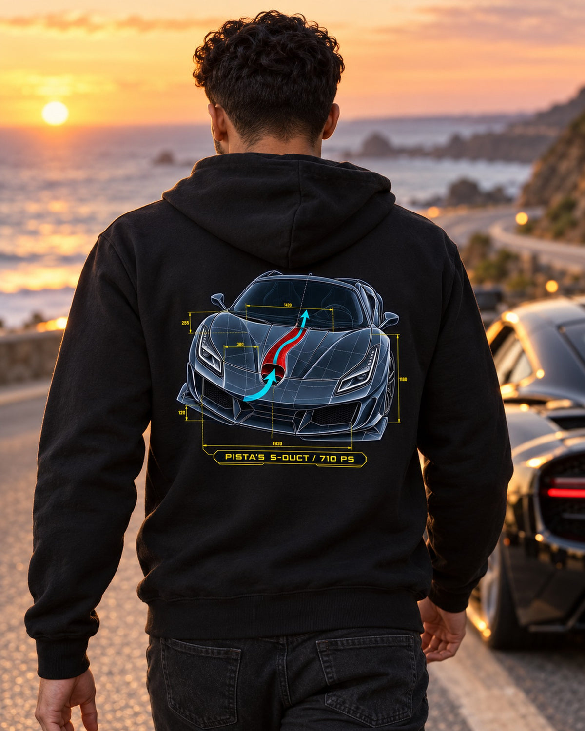 S-Duct Blueprint Tee for Ferrari F8 Tributo Owners Zip Hoodie Black worn hero