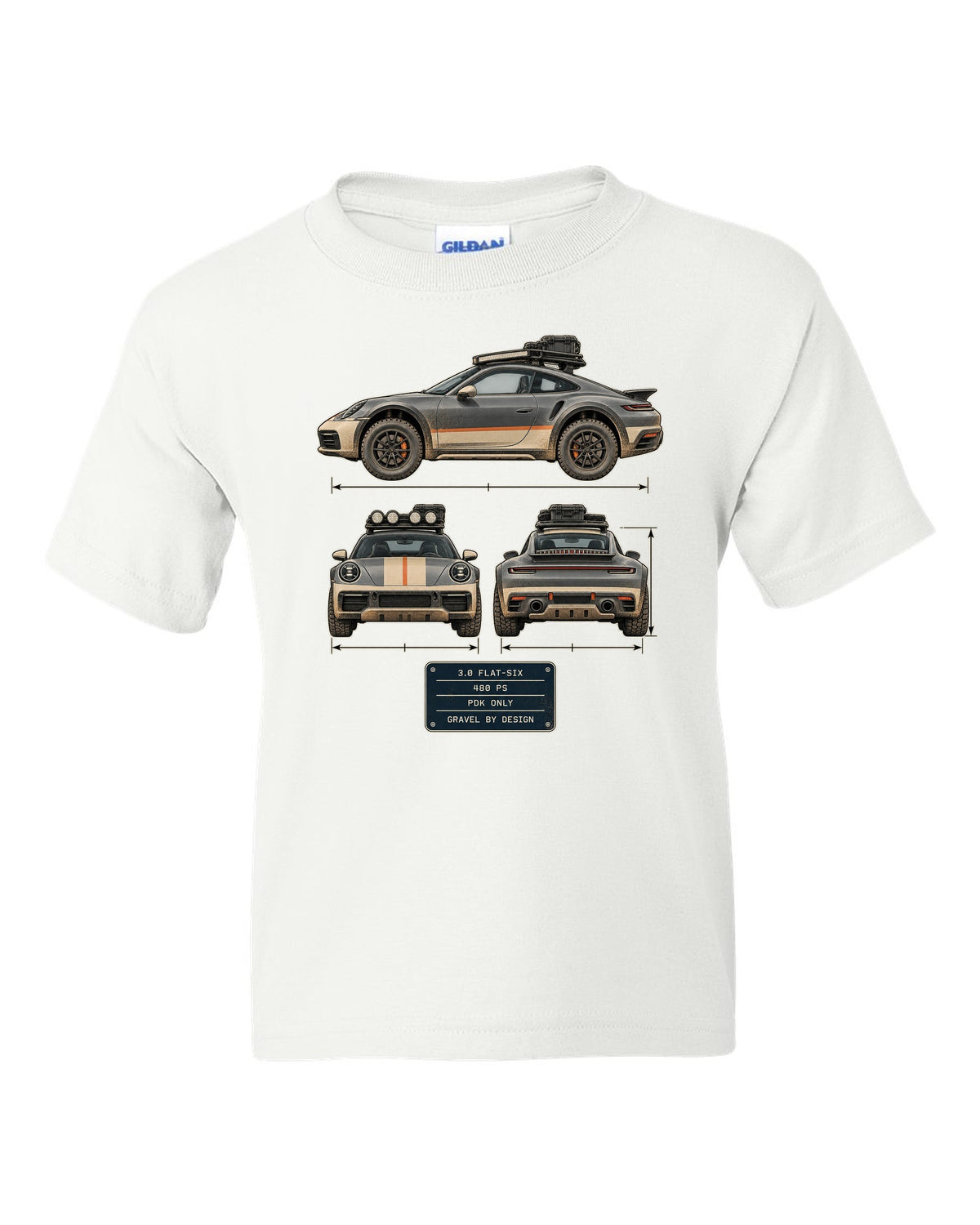 Three-view and spec table print of a Porsche 911 Dakar 992 white kids tee front view with the design