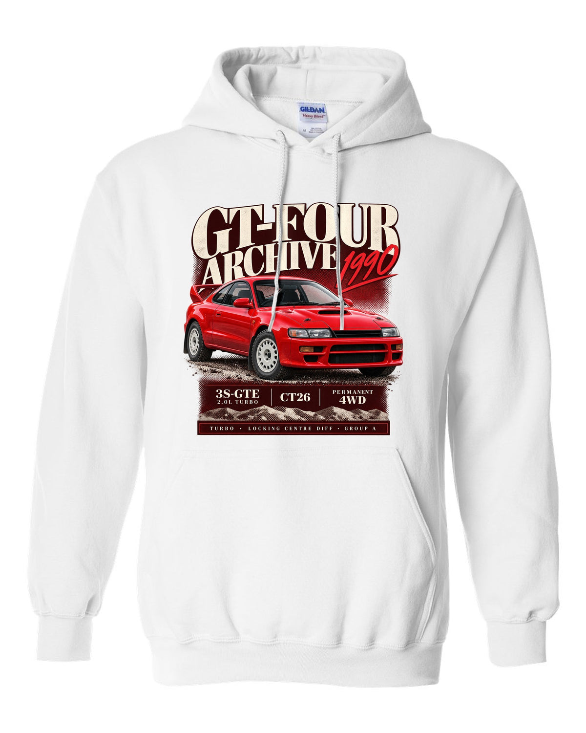 Archive panel print of a Toyota Celica GT-Four ST185 with 3S-GTE, CT26 and Group A text white pull over hoodie front view with the design