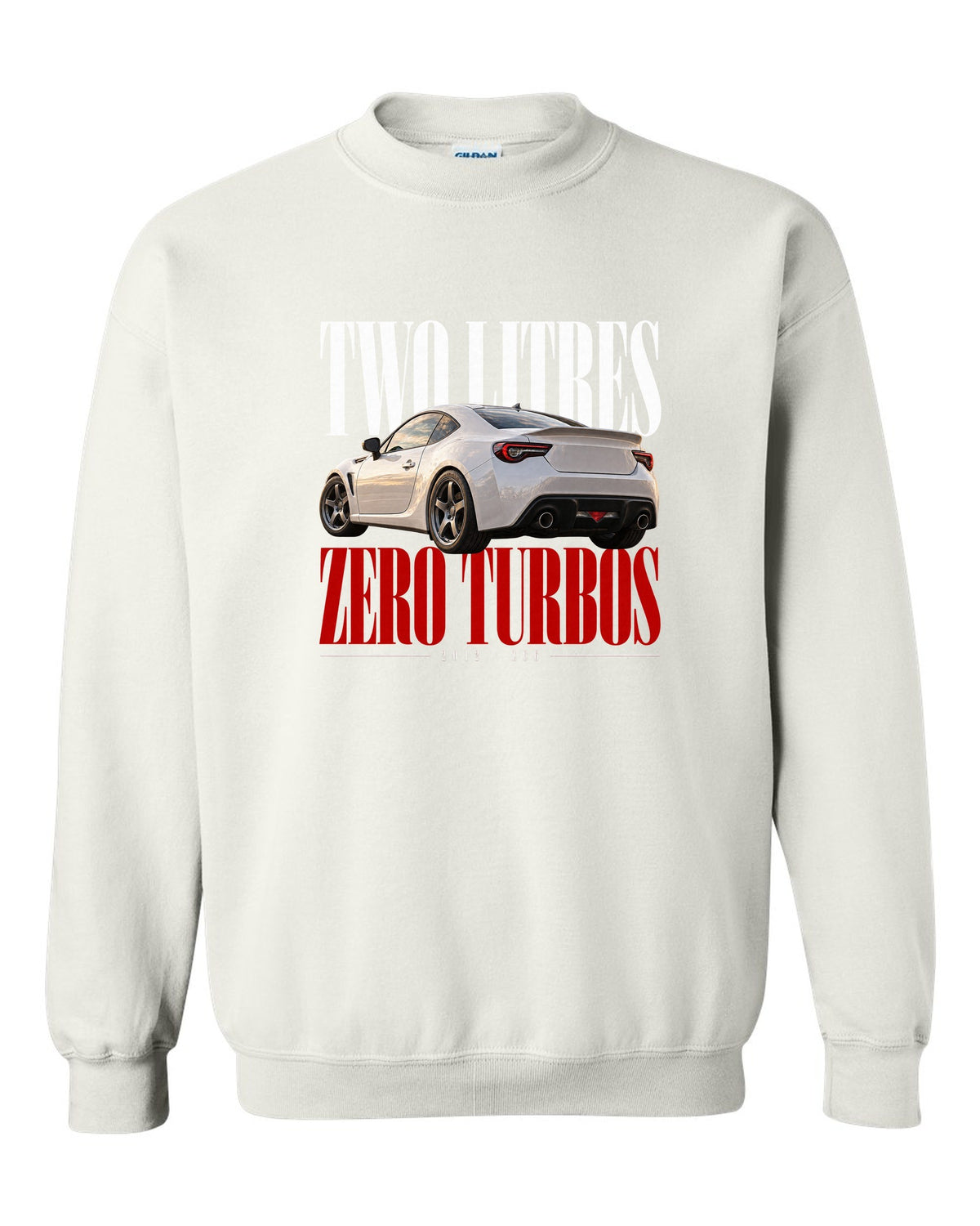 Editorial headline print for the Subaru BRZ ZC6 reading Two Litres, Zero Turbos, ZC6, 2012 white crewneck front view with the design