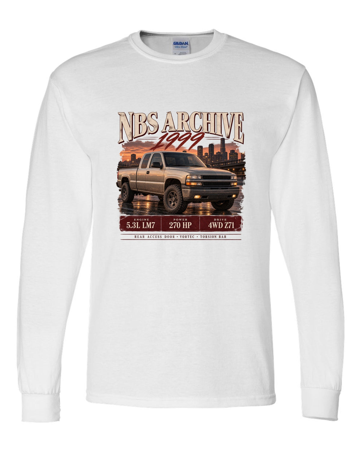 1999 Chevy Silverado NBS archive panel print white long sleeve front view with the design