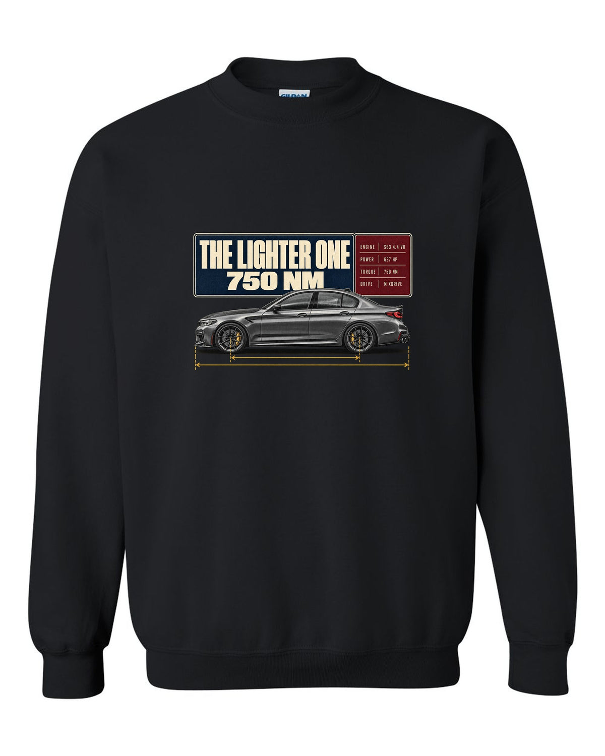 BMW M5 F90 CS spec poster print on a tee black crewneck front view with the design