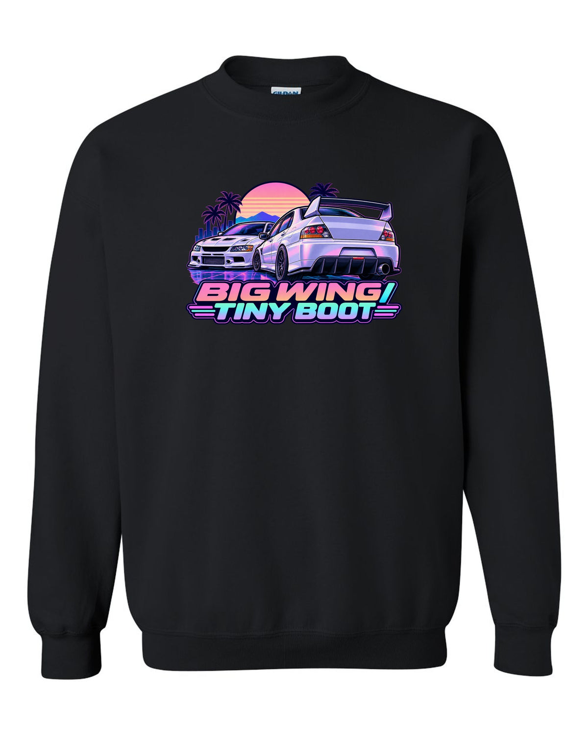 Vaporwave pastel print of the Mitsubishi Evo IX CT9A with big wing tiny boot text black crewneck front view with the design