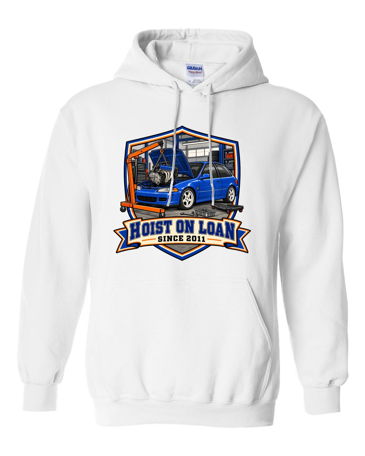 Embroidery patch style print of a 1992 Honda Civic EG6 ch with hoist on loan since 2011 text white pull over hoodie front view with the design