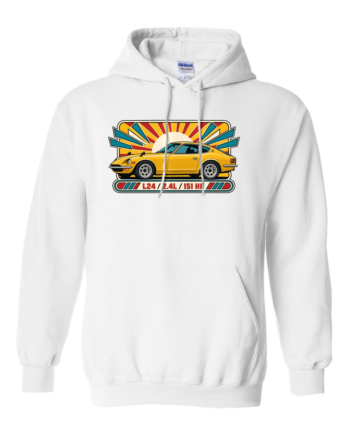 Retro 1970s catalogue ad print of the Datsun 240Z S30 with L24 2.4L 151 HP lettering white pull over hoodie front view with the design