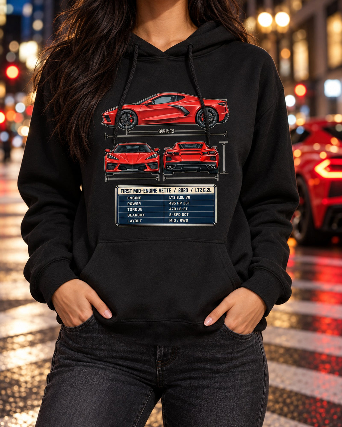 Chevrolet Corvette C8 Stingray Three-View Spec Table Tee Pull Over Hoodie Black worn hero