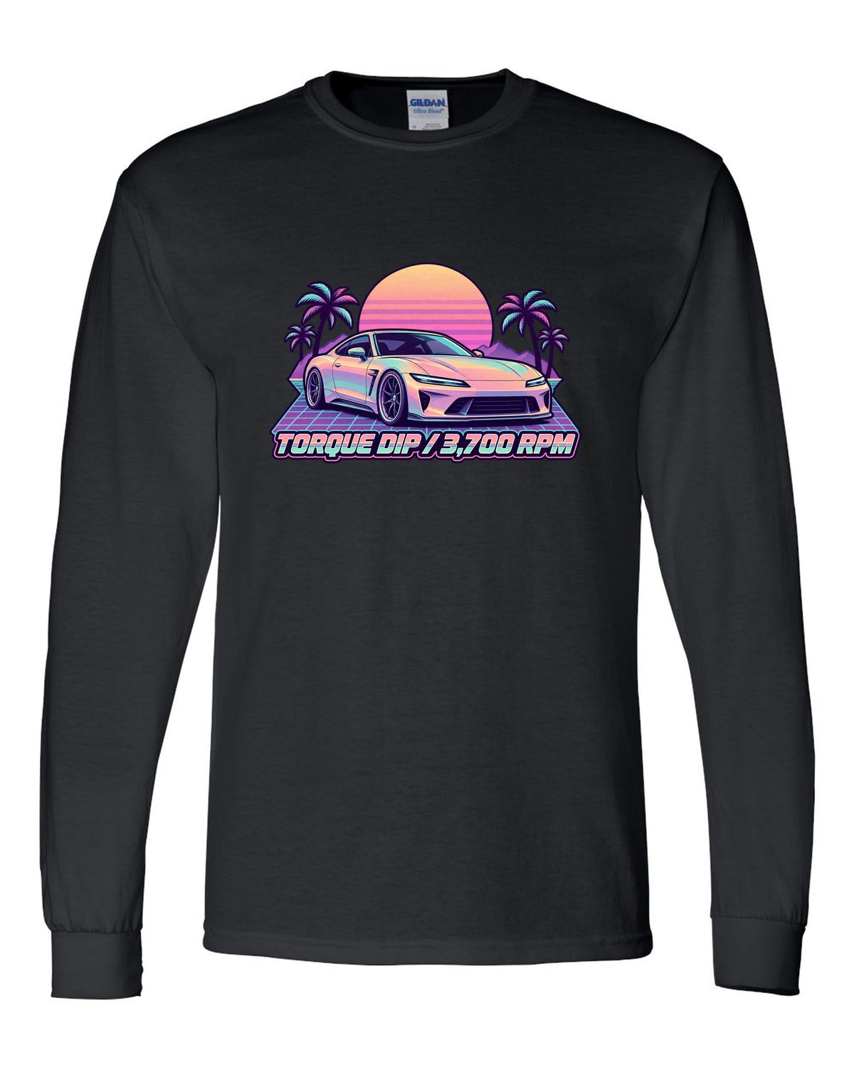 Pastel vaporwave illustration of a Toyota 86 ZN6 with Torque Dip 3,700 RPM lettering black long sleeve front view with the design