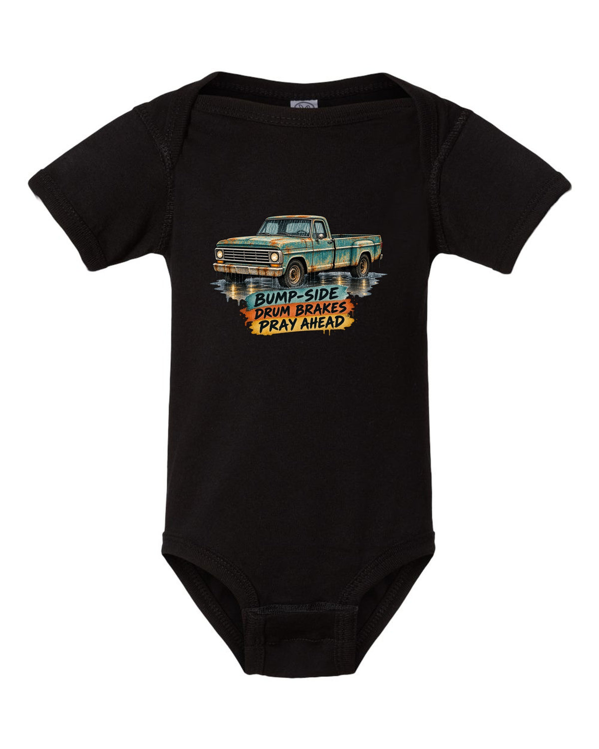 1967-72 Ford F-Series Bump-Side Barn Find Watercolour black baby onesie front view with the design