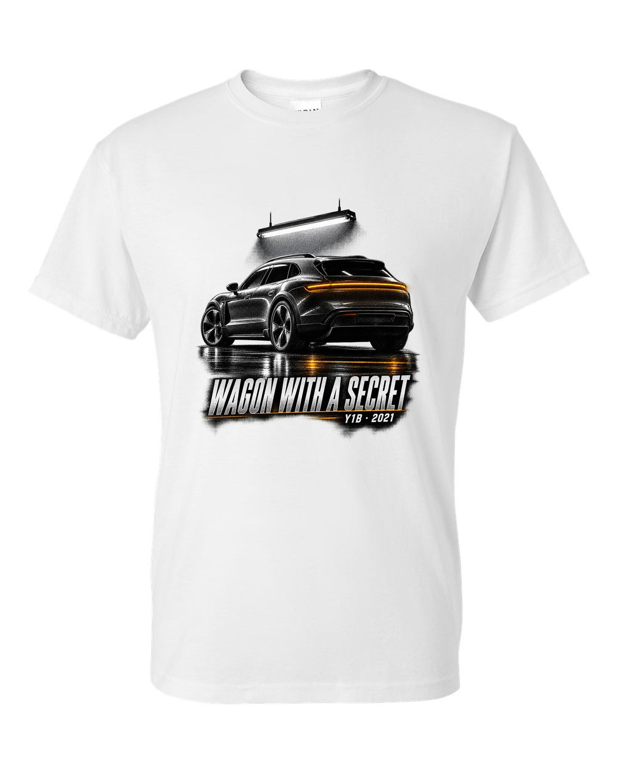Porsche Taycan Cross Turismo Y1B in a dark garage, print design white t-shirt front view with the design