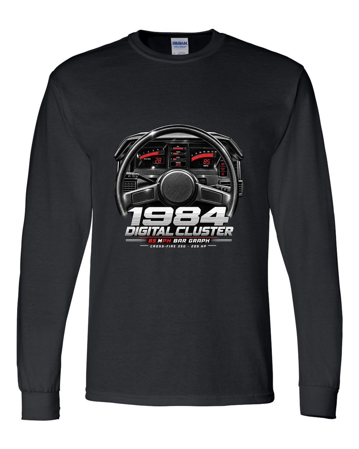 Chevrolet Corvette C4 1984 digital dash cluster cockpit print black long sleeve front view with the design
