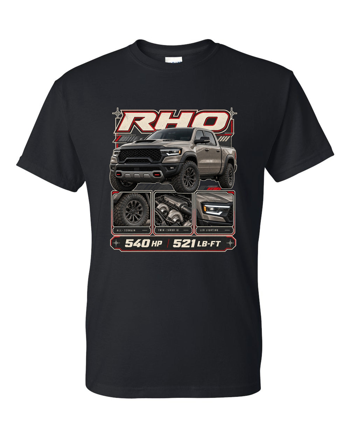 Ram 1500 RHO 2025 dossier panels with horsepower and torque print black t-shirt front view with the design