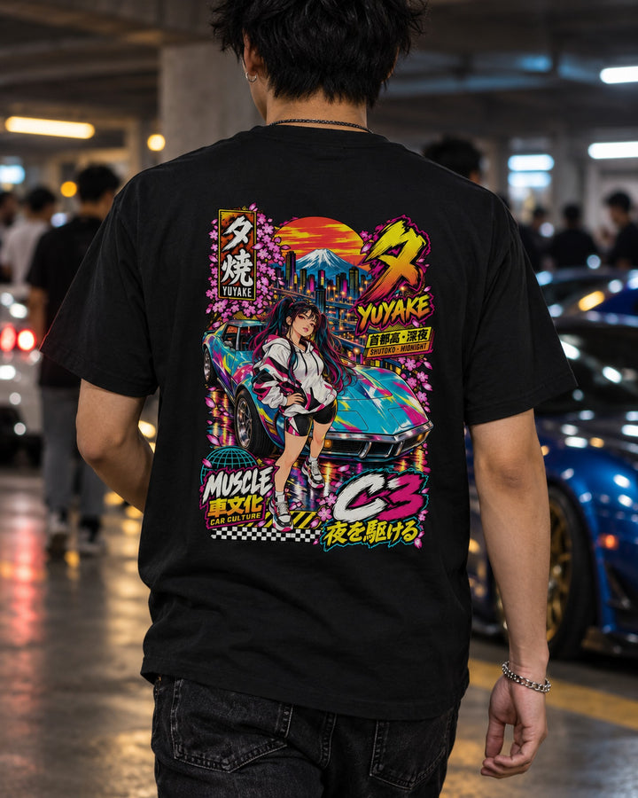 YUYAKE C3 Anime Girl Full-Back Graphic Tee T-Shirt Black worn hero