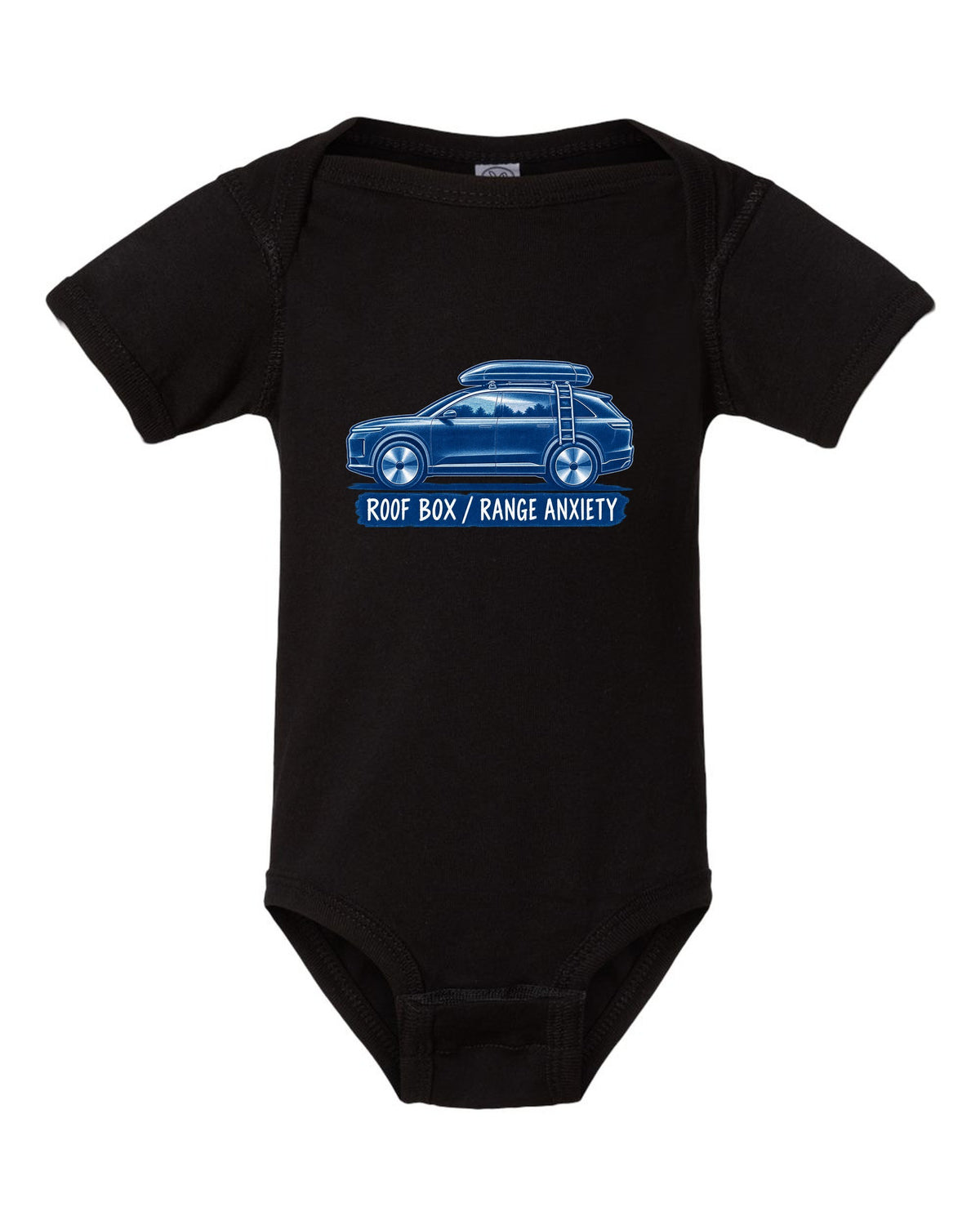 Lucid Gravity white-on-blue cyanotype print with the text roof box range anxiety black baby onesie front view with the design