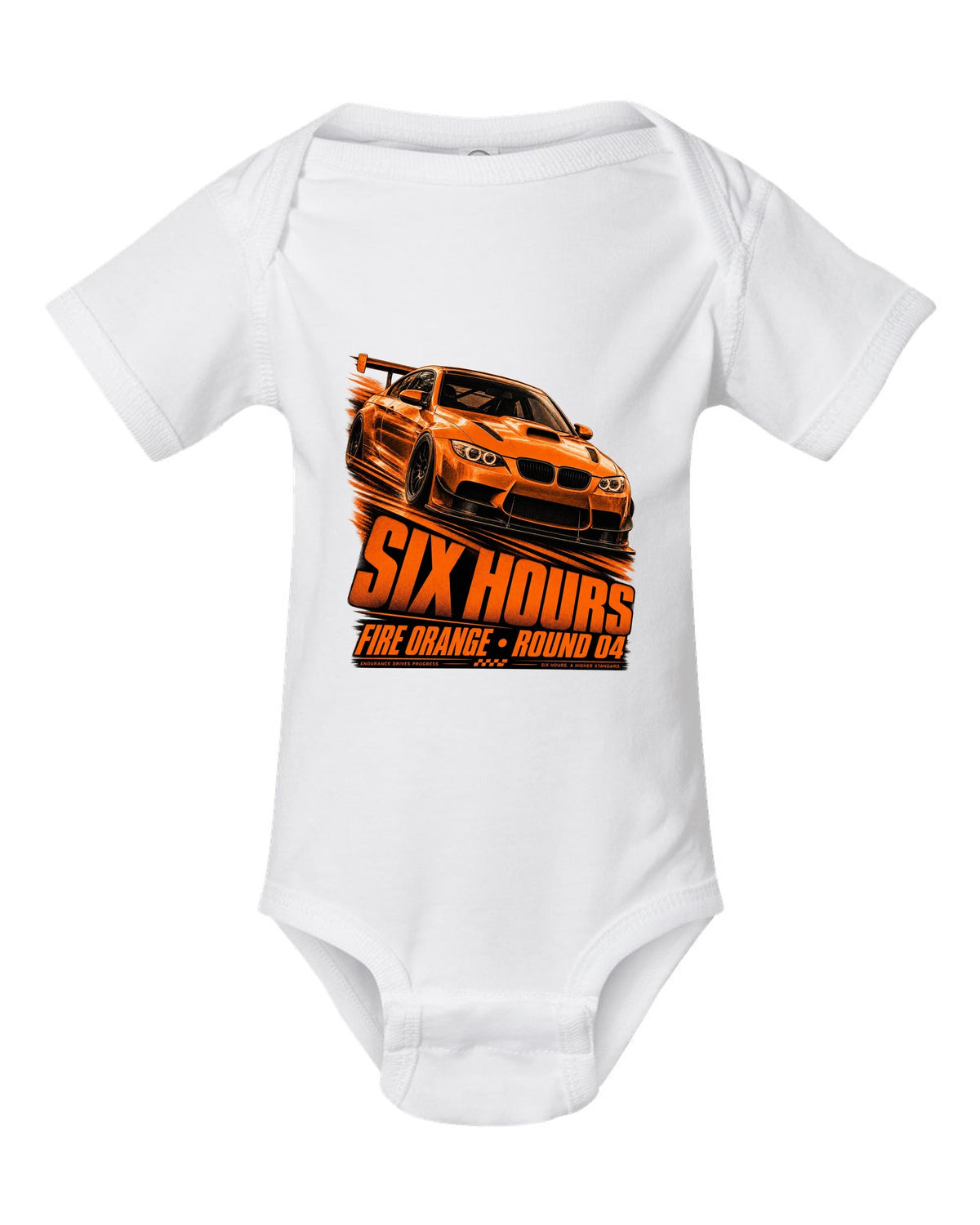 BMW E92 M3 GTS race poster print with Fire Orange round four lettering white baby onesie front view with the design