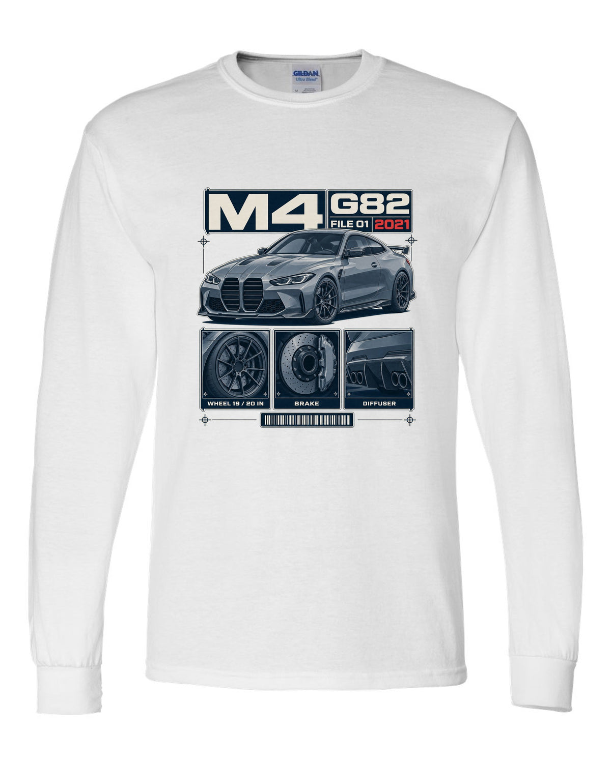 BMW M3 G80 dossier panels print with wheel, brake and diffuser details white long sleeve front view with the design