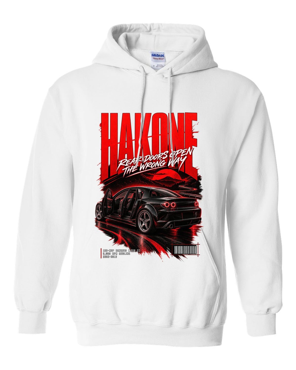 Street poster print for the 2004 Mazda RX-8 SE3P with Hakone lettering and Renesis rotary details white pull over hoodie front view with the design