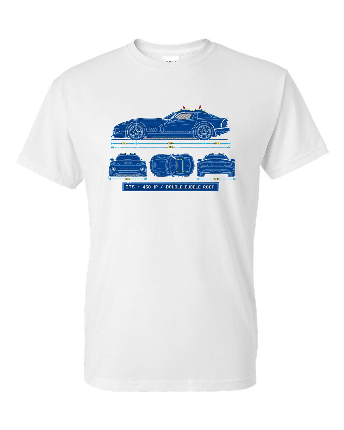 Cyanotype blueprint print of a 1996 Dodge Viper GTS SR II with double-bubble roof text white t-shirt front view with the design