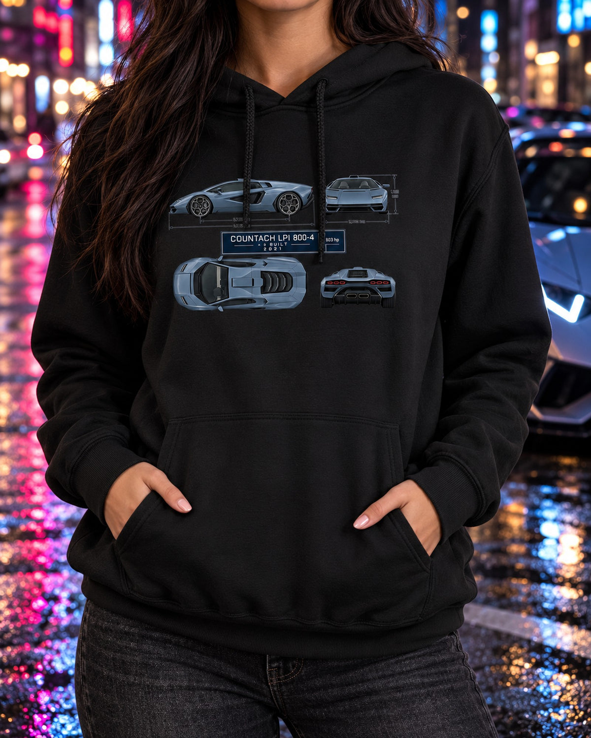 Countach LPI 800-4 Dimension Blueprint Tee, Lamborghini Gift Pull Over Hoodie Black worn hero