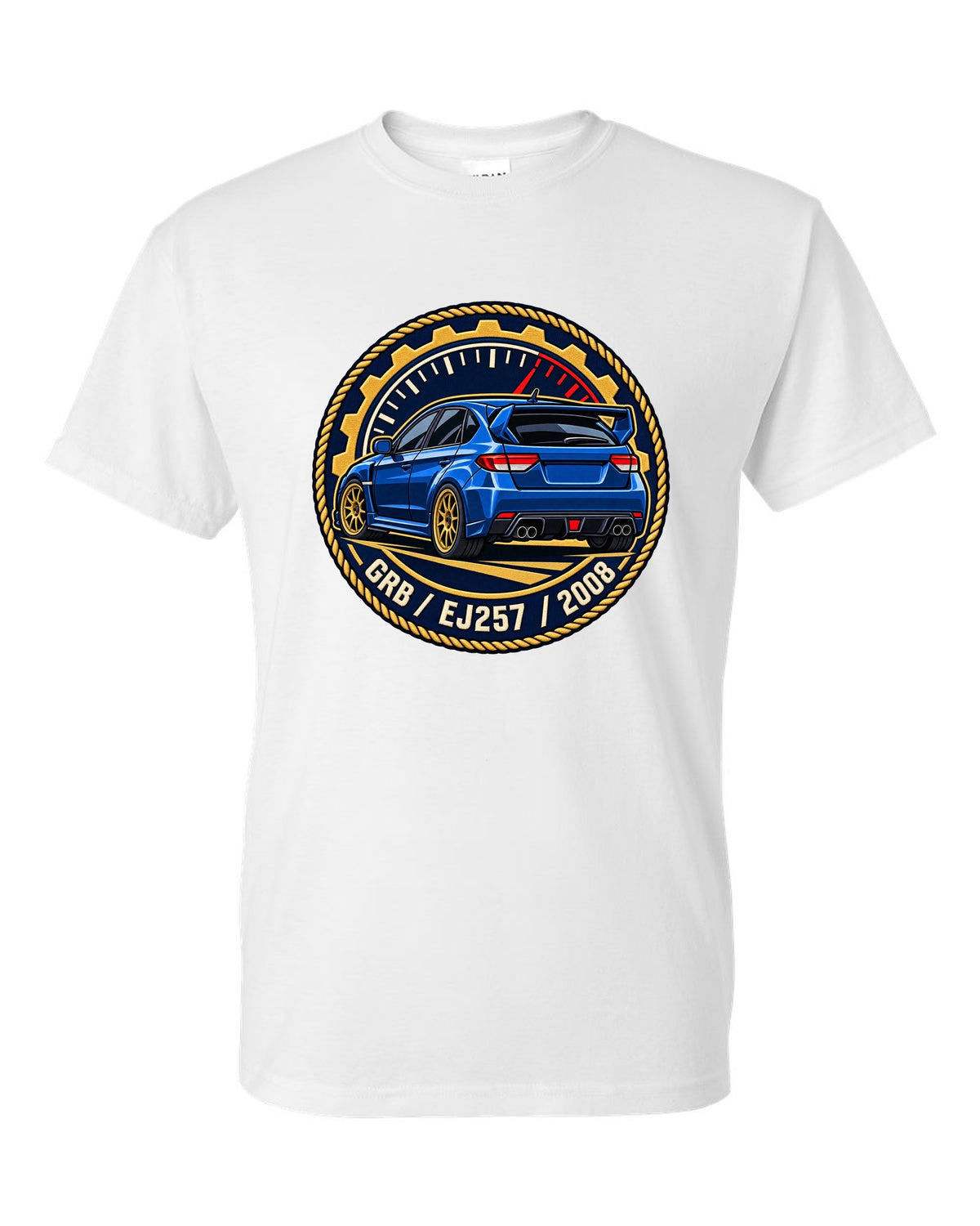 Subaru Impreza WRX STI GRB chback varsity crest print, GRB / EJ257 / 2008 white t-shirt front view with the design