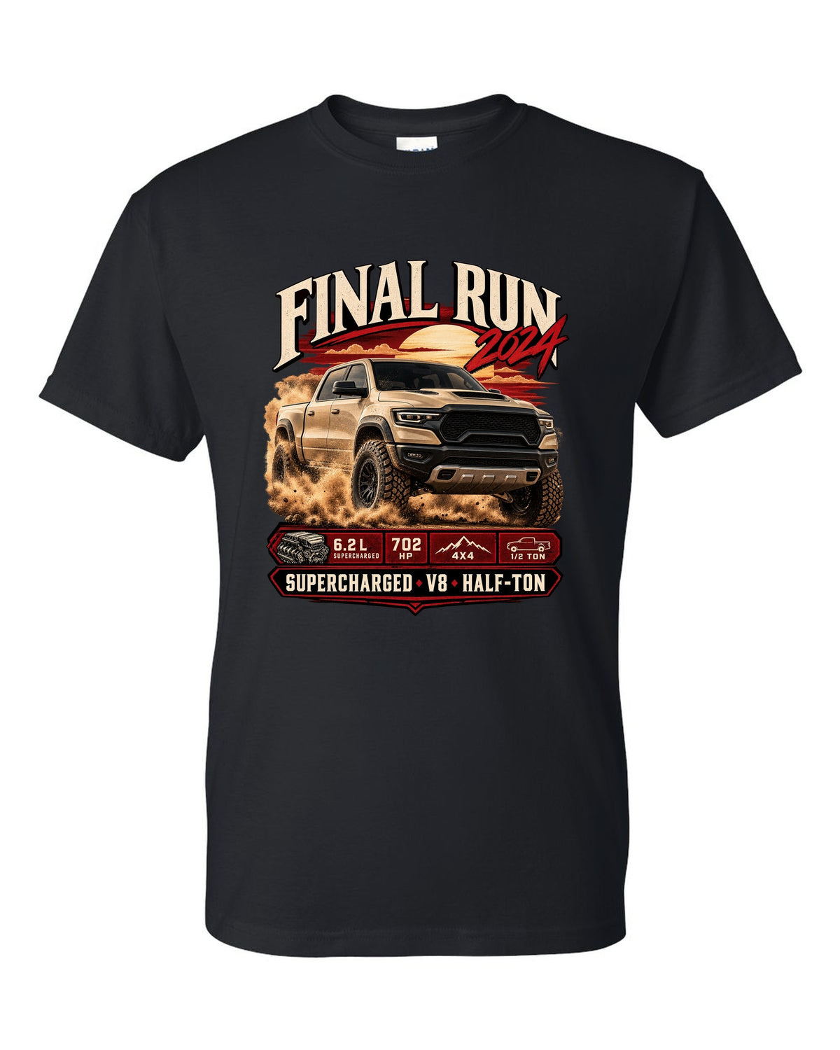 Archive panel print of a 2024 Ram 1500 TRX Final Edition with final run and supercharged V8 text black t-shirt front view with the design