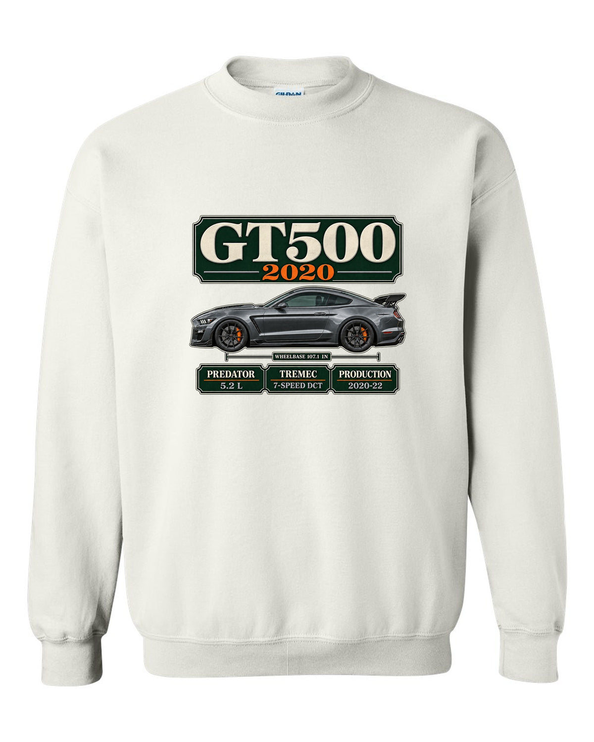 Ford Mustang S550 Shelby GT500 2020 archive panel print with engine and gearbox details white crewneck front view with the design