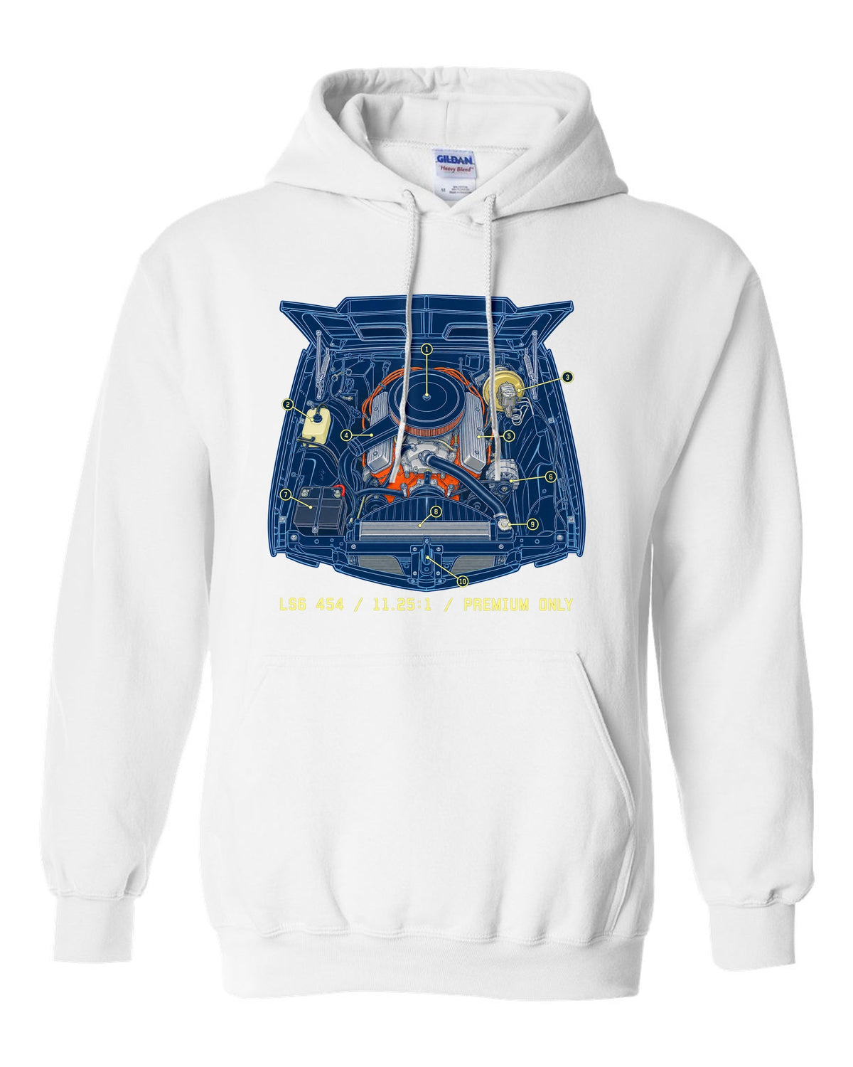 Blueprint line art print of a 1970 Chevelle SS 454 engine bay with the text LS6 454, 11.25:1, Premium Only white pull over hoodie front view with the design