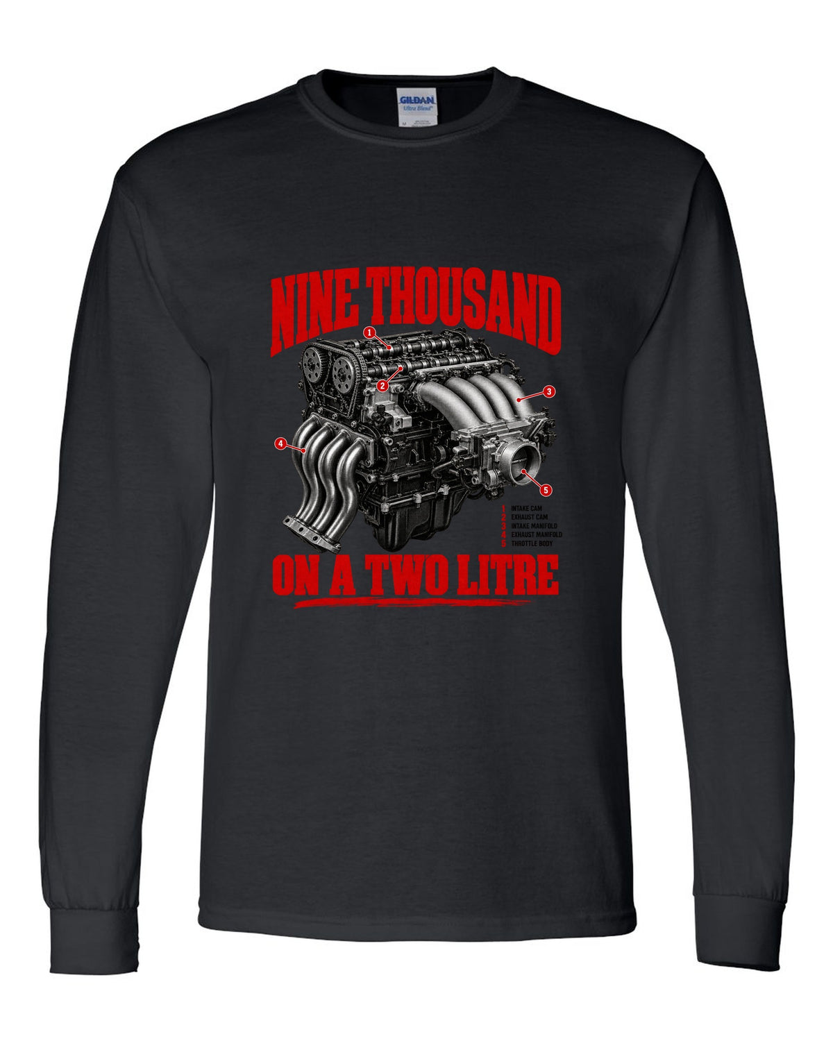 Honda S2000 AP1 roadster engine hero design with nine thousand on a two litre text black long sleeve front view with the design