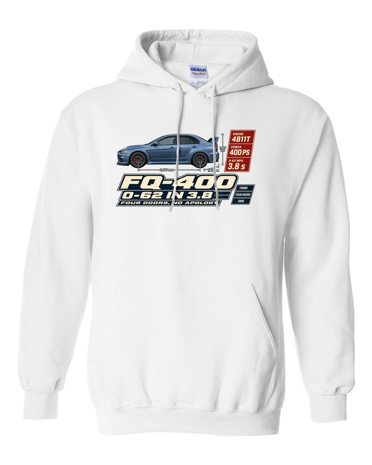 Evo X FQ-400 Spec Poster Tee, 0-62 in 3.8, Four Doors white pull over hoodie front view with the design