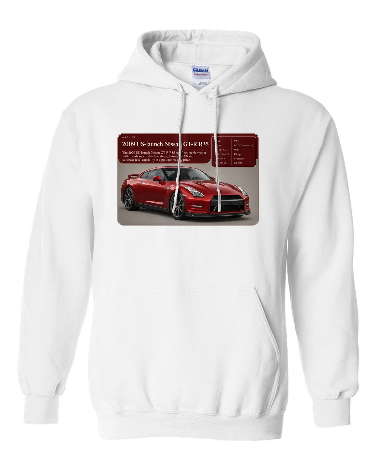 Archive panel print of a deep red 2009 US launch Nissan GT-R R35 white pull over hoodie front view with the design