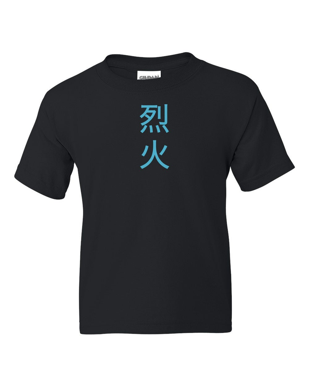 black kids tee front view with small kanji mark
