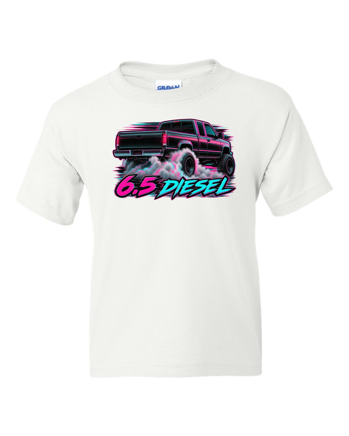 VHS glitch burnout print of a 1988-1998 Chevrolet GMT400 C2500 with 6.5 Diesel text white kids tee front view with the design
