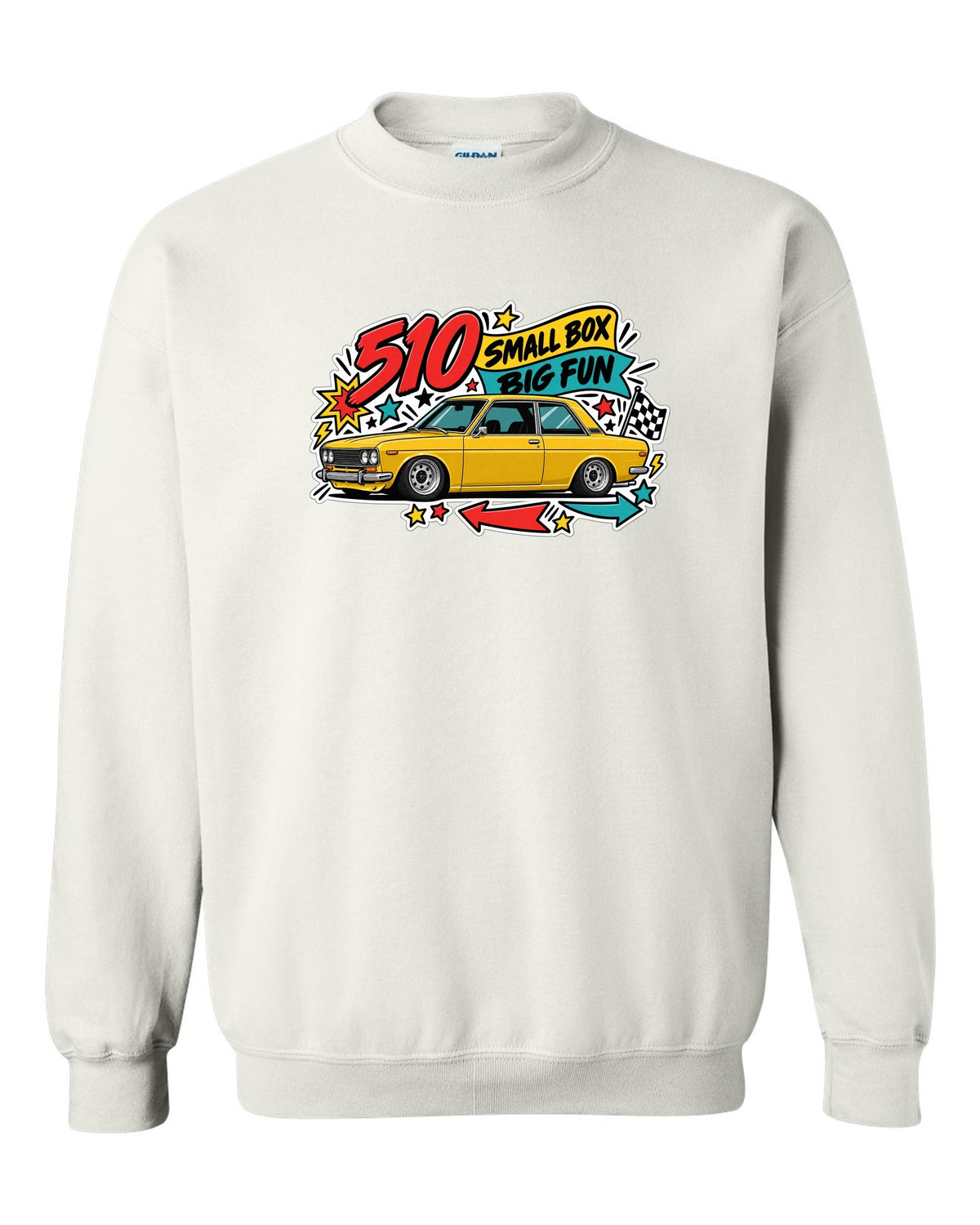 Sticker-bomb print for the Datsun 510 reading 510 Small Box Big Fun white crewneck front view with the design