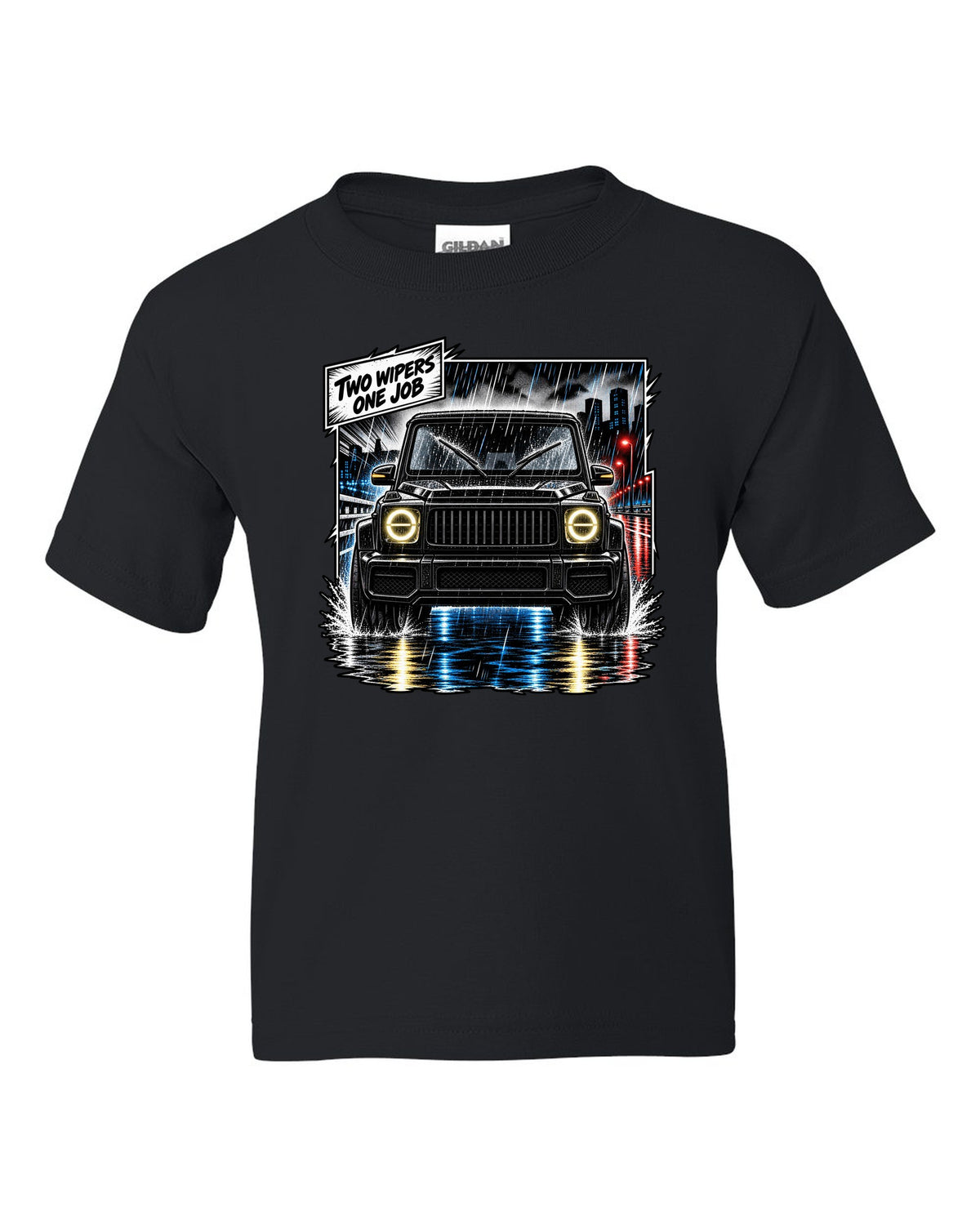 Round enamel-pin style crest graphic reading W463 3 Lockers 4x4 for the Mercedes G-Class, print black kids tee front view with the design