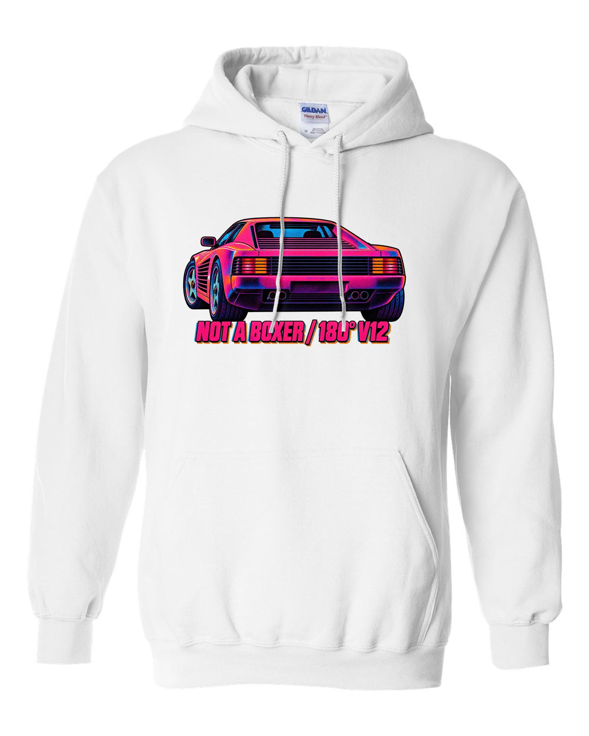 Neon-lit risograph print of the Ferrari Testarossa F110 with the text not a boxer, 180 degree V12 white pull over hoodie front view with the design
