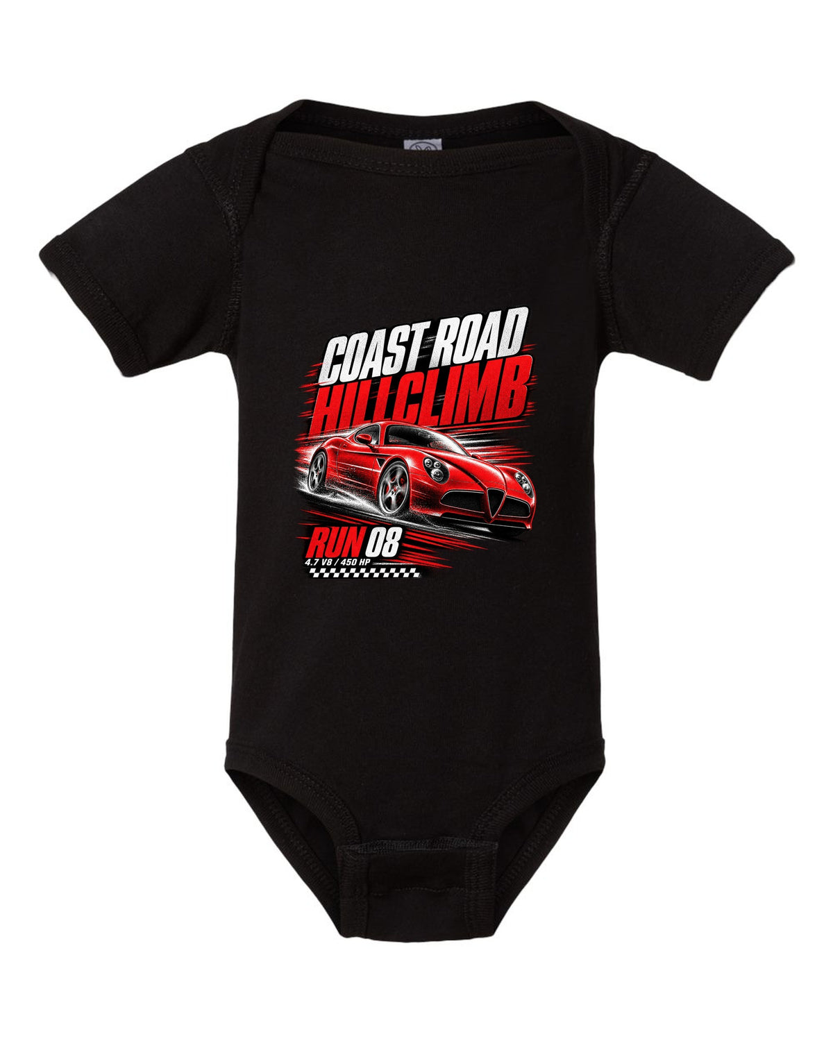 Hillclimb race poster print of an Alfa Romeo 8C Competizione with coast road and 4.7 V8 text black baby onesie front view with the design