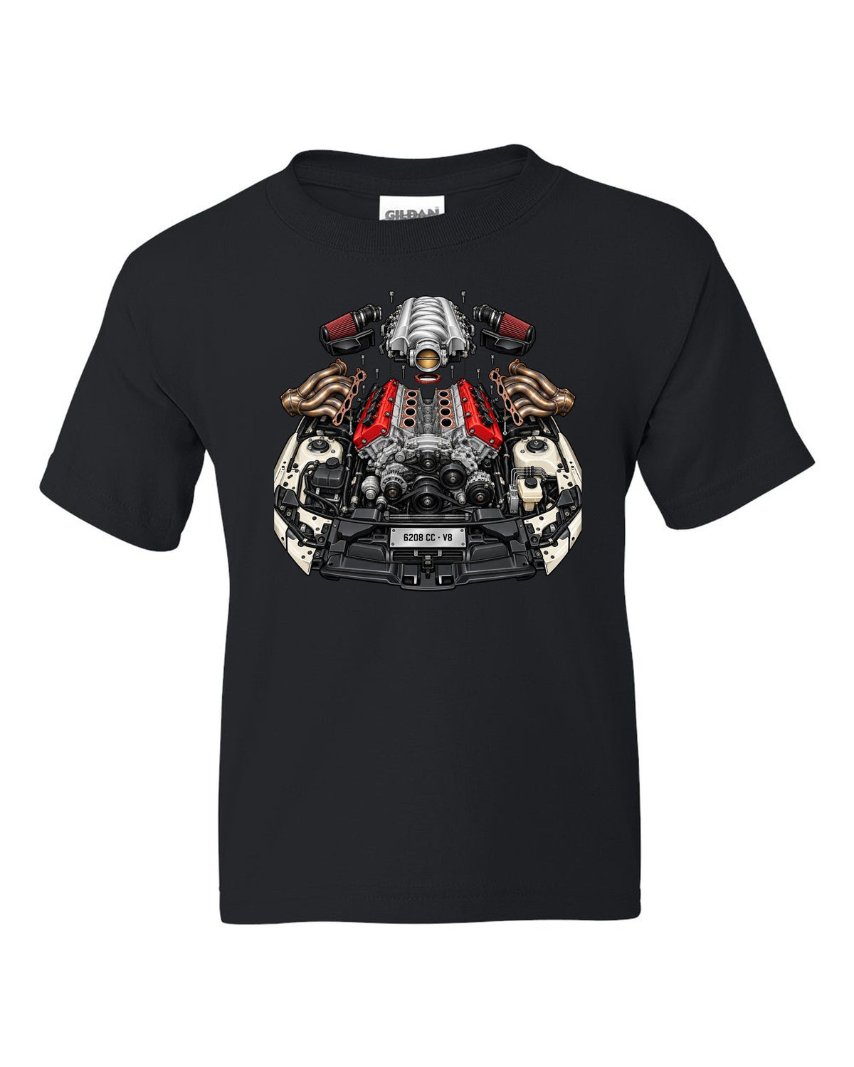 Exploded cutaway illustration of a Mercedes AMG M156 6.2 V8 engine black kids tee front view with the design