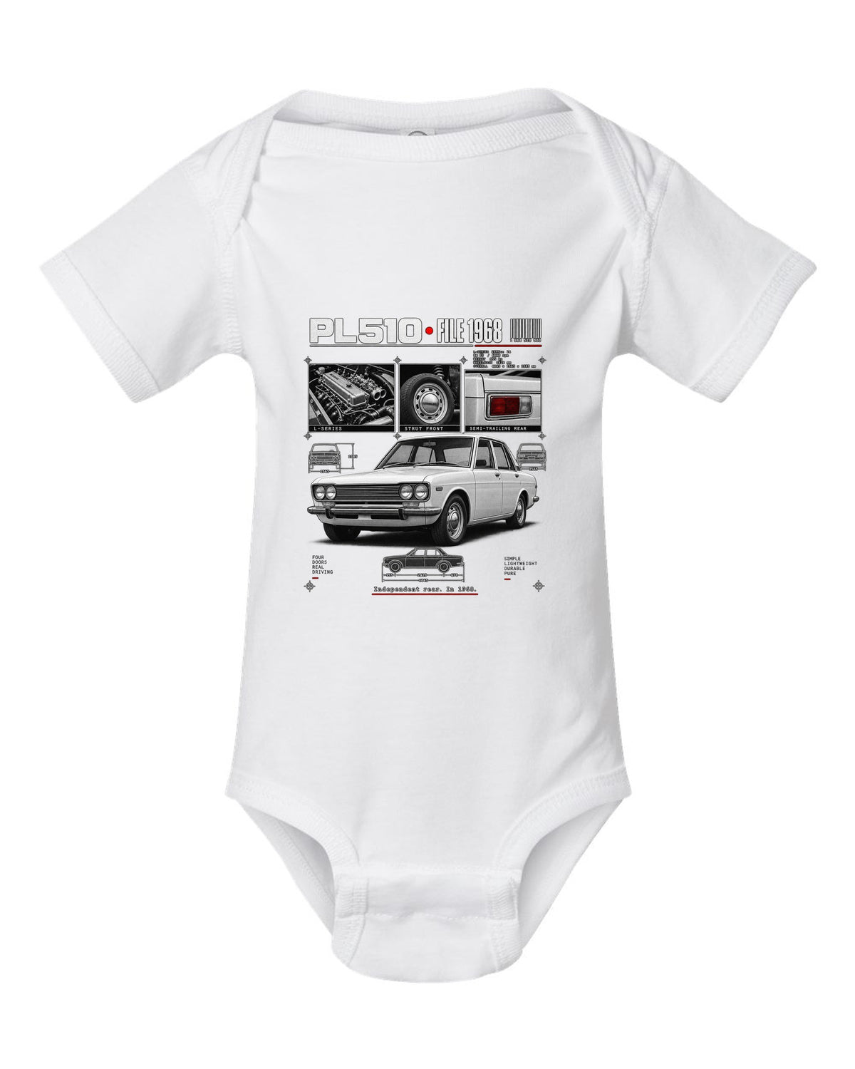 Dossier panel print of a Datsun PL510 sedan and wagon with suspension notes white baby onesie front view with the design