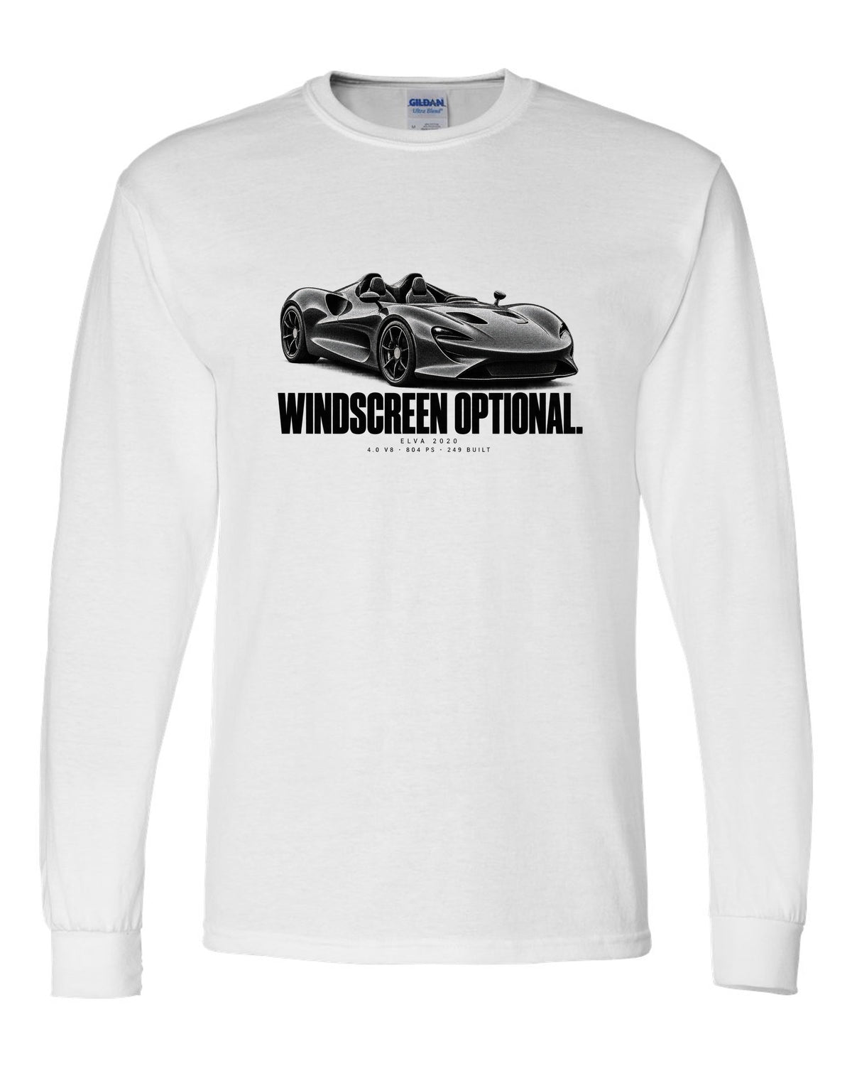Halftone print of a 2020 McLaren Elva with windscreen optional text and 804 PS white long sleeve front view with the design