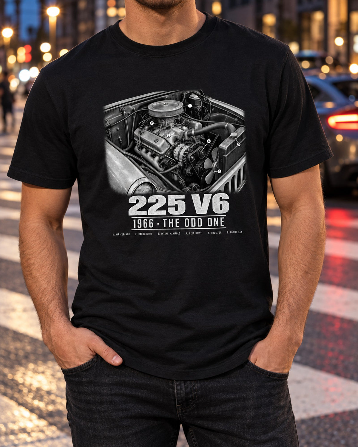 Jeep CJ-5 225 V6 Engine Tee, 1966-1971 V6 Option T-Shirt Black worn hero