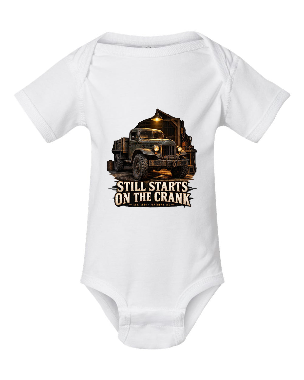 Garage night print of a 1946-1960s Dodge Power Wagon flat fender with starts on the crank text white baby onesie front view with the design