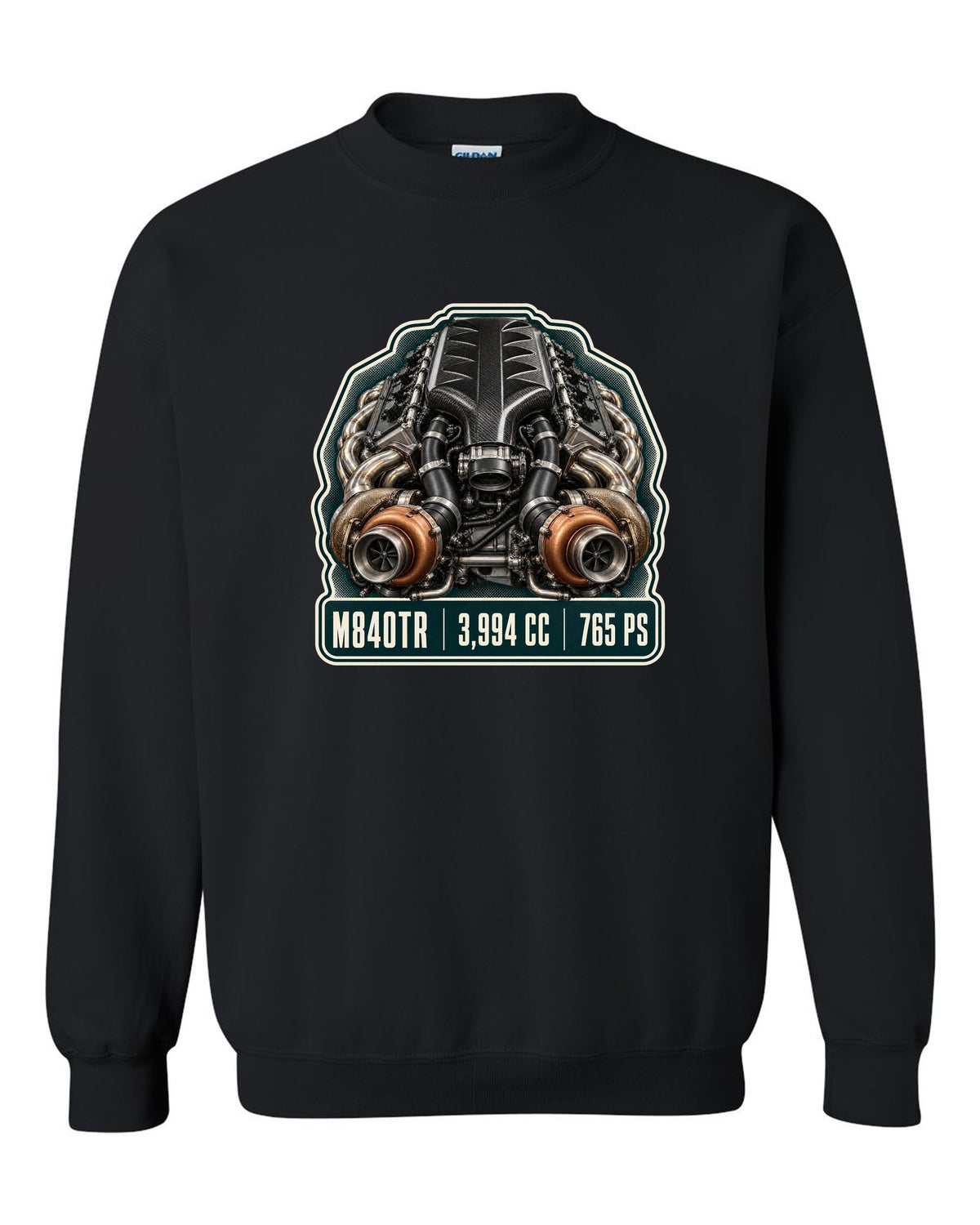 Engine hero print of the McLaren 765LT M840TR V8 black crewneck front view with the design