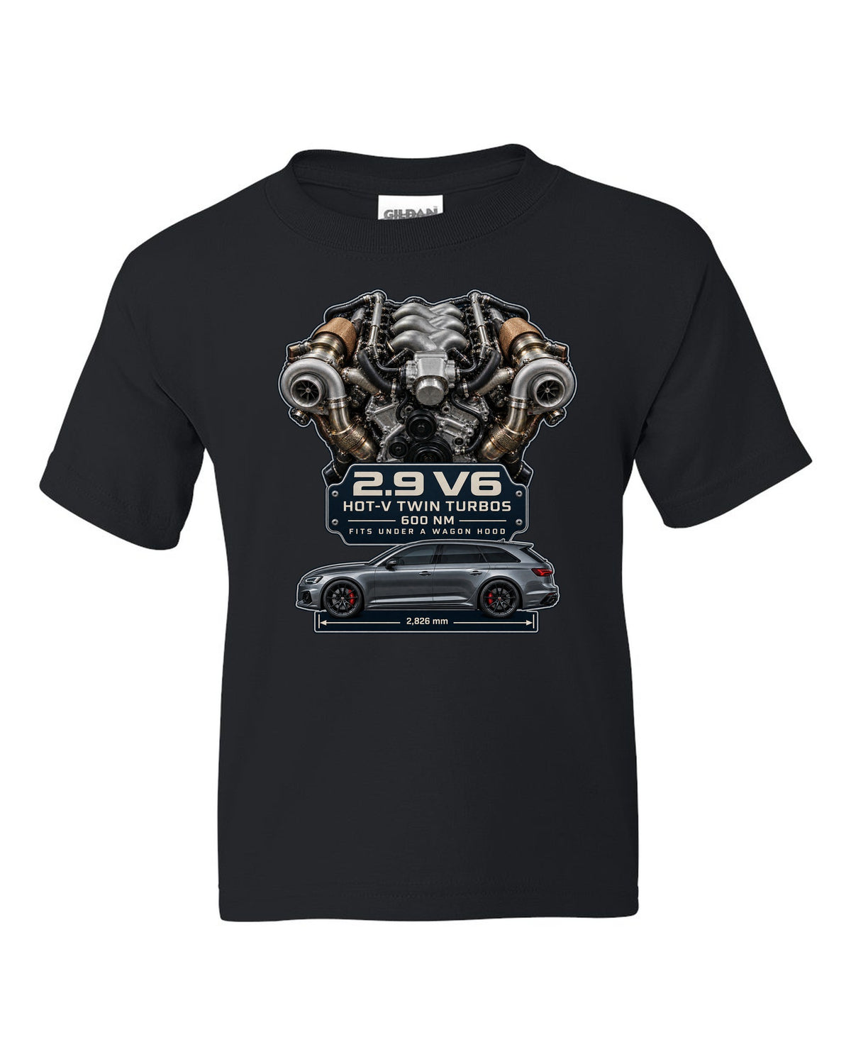 Audi RS4 B9 2.9 TFSI hot-V twin-turbo V6 engine graphic print black kids tee front view with the design