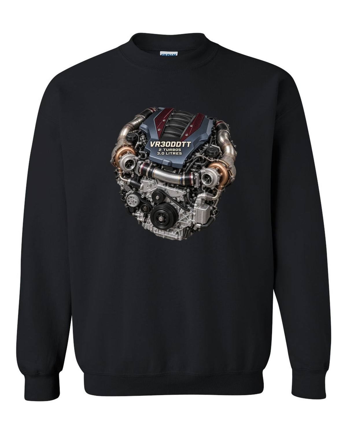 Hero image of a Nissan VR30DDTT twin-turbo V6 engine from the RZ34 Z black crewneck front view with the design