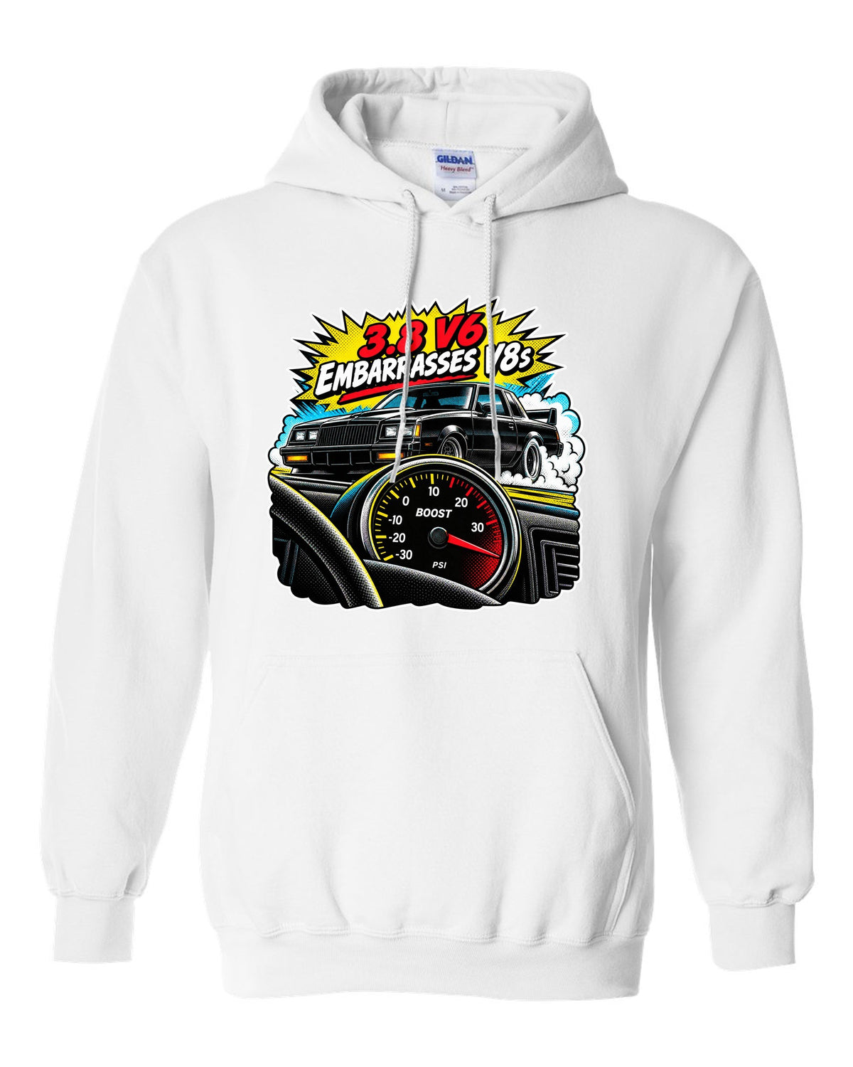 Comic halftone pop-art illustration of a 1987 Buick Grand National with boost gauge and V6 lettering white pull over hoodie front view with the design