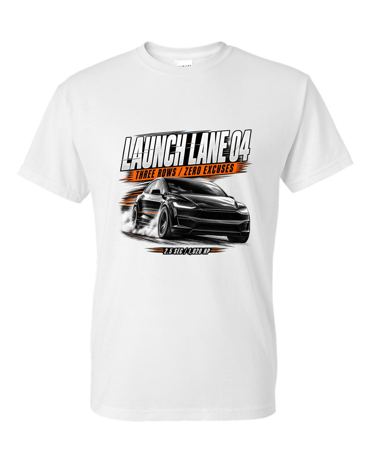Tesla Model X Plaid front three-quarter launching in a race poster reading Launch Lane 04 white t-shirt front view with the design