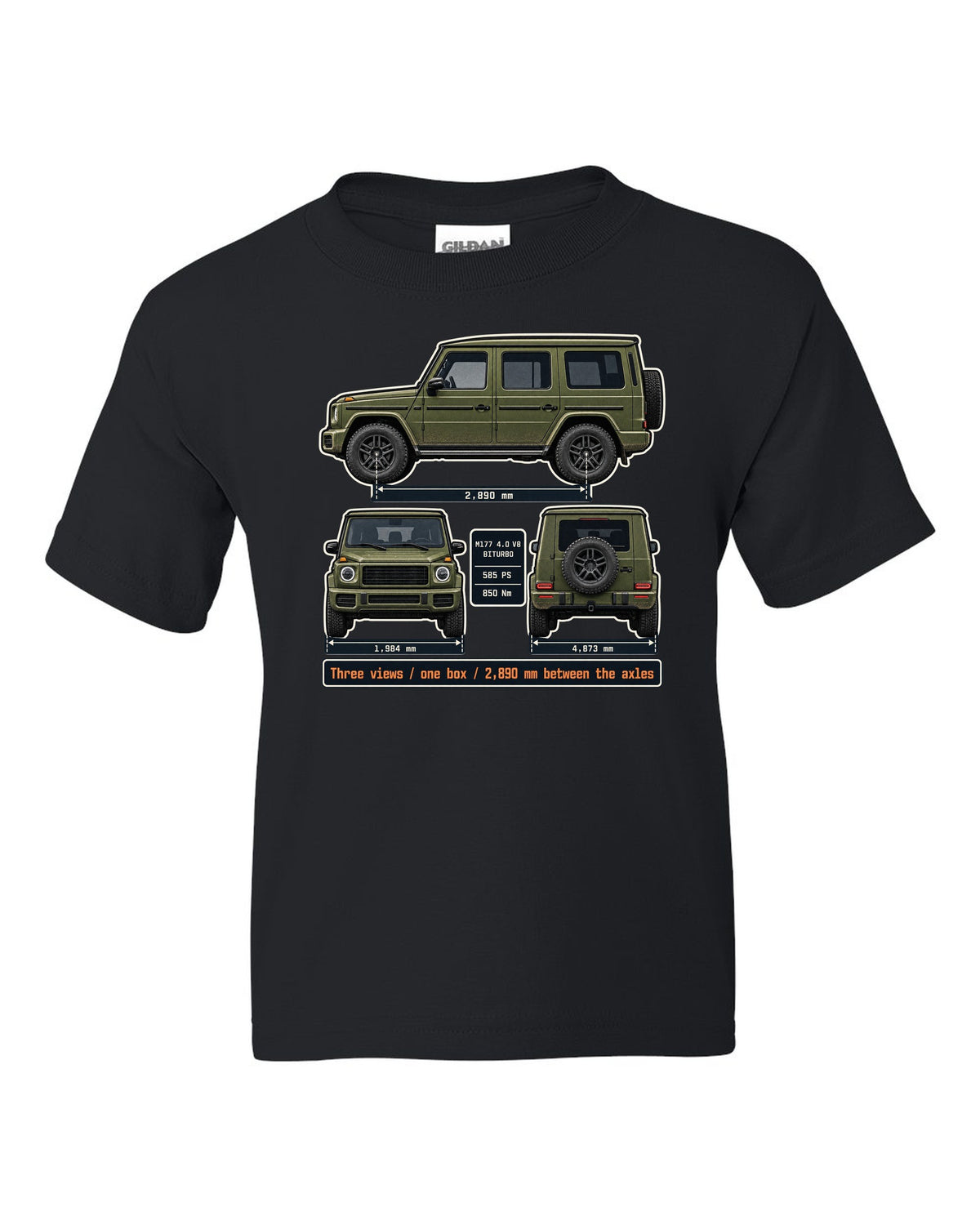 Three-view dossier print of a Mercedes-AMG G63 W463A black kids tee front view with the design