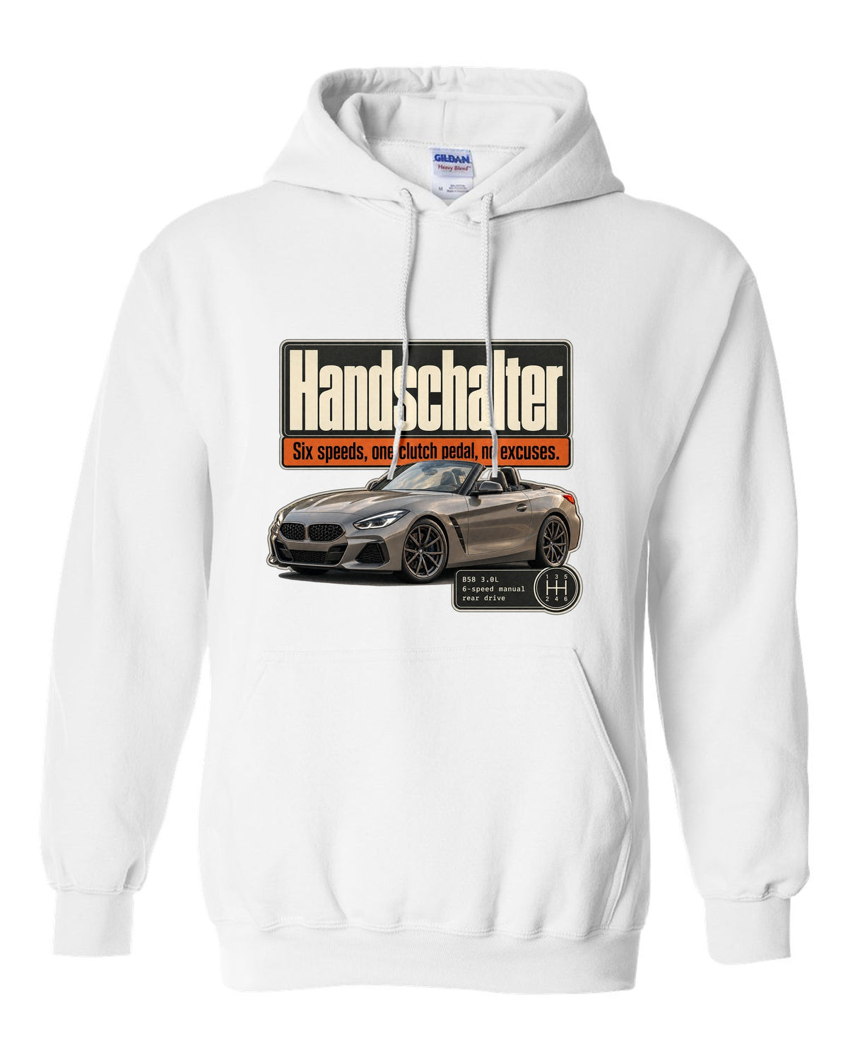 Editorial print for the BMW Z4 M40i six-speed manual labelled Handschalter white pull over hoodie front view with the design