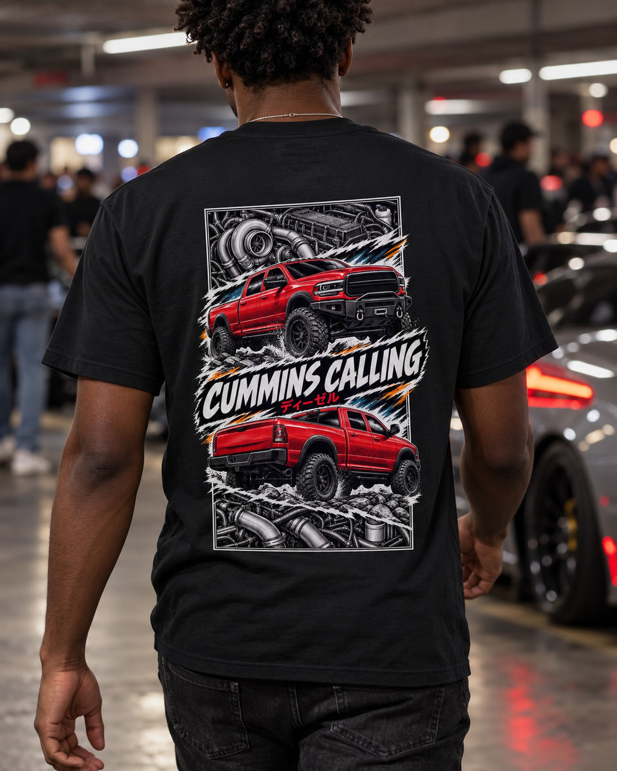 RAM Cummins Torn Poster Full-Back Graphic Tee T-Shirt Black worn hero