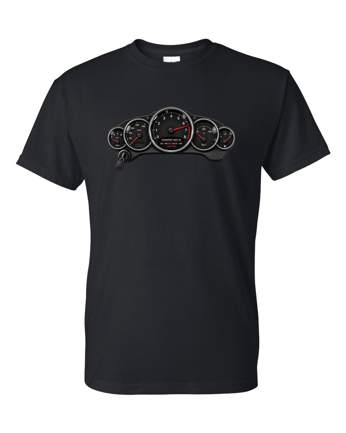 Cockpit gauge print of a Porsche 911 Carrera (996) with the caption Cheapest Way In and 7,300 rpm black t-shirt front view with the design